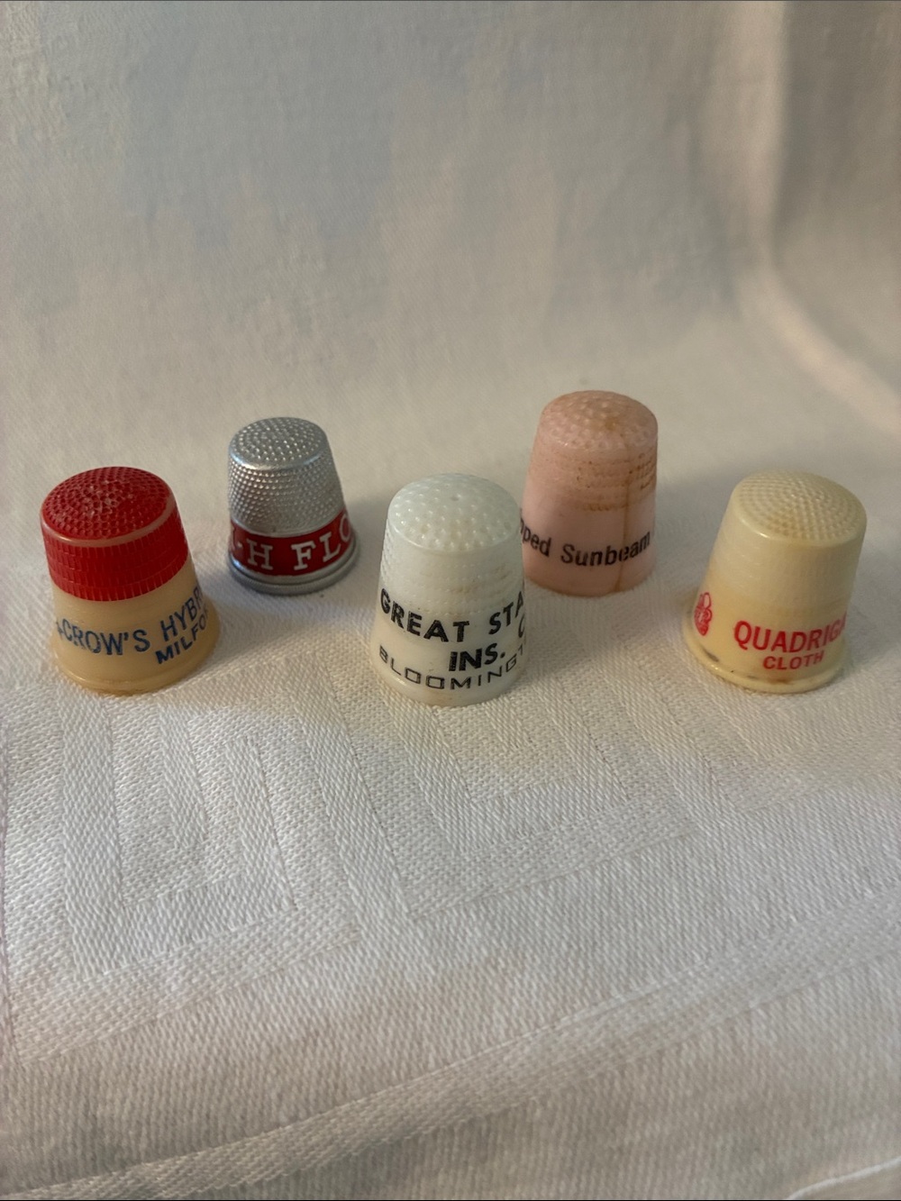 Vintage Advertising Plastic Sewing Thimbles Set of 5 Sunbeam, Flour, Quadriga